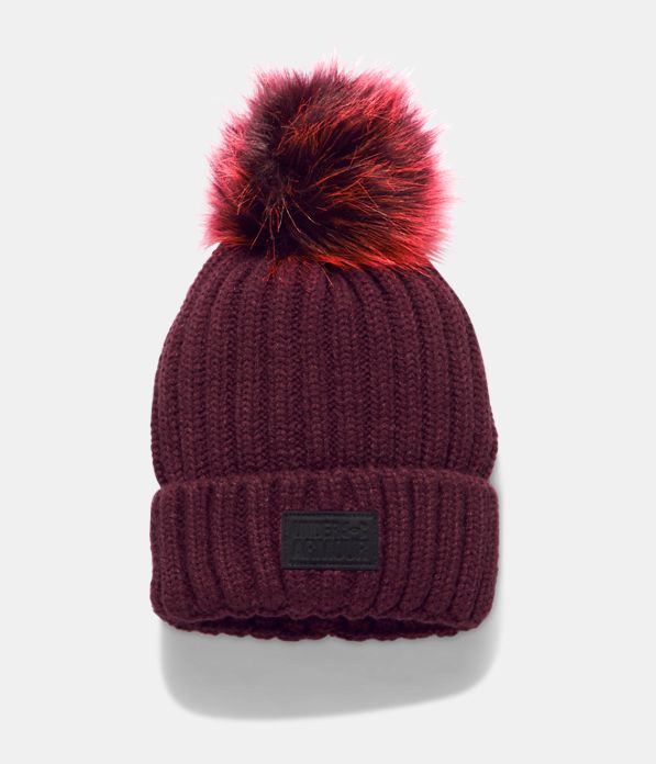 Women's UA Snowcrest Pom Beanie, RAISIN RED,