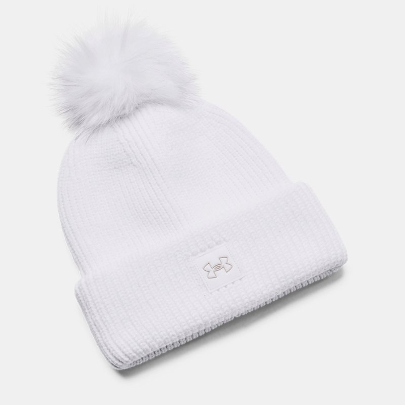 Image of Under Armour Women's Under Armour Halftime Ribbed Pom Beanie White / White / Ghost Gray OSFM