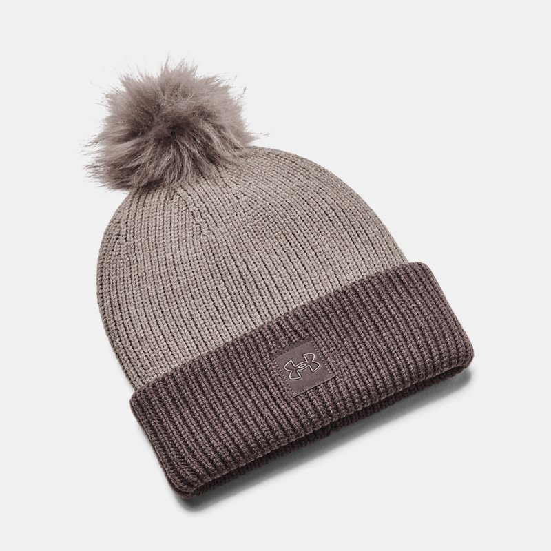 Image of Under Armour Women's Under Armour Halftime Ribbed Pom Beanie Pewter / Ash Taupe / Metallic Champagne Gold OSFM