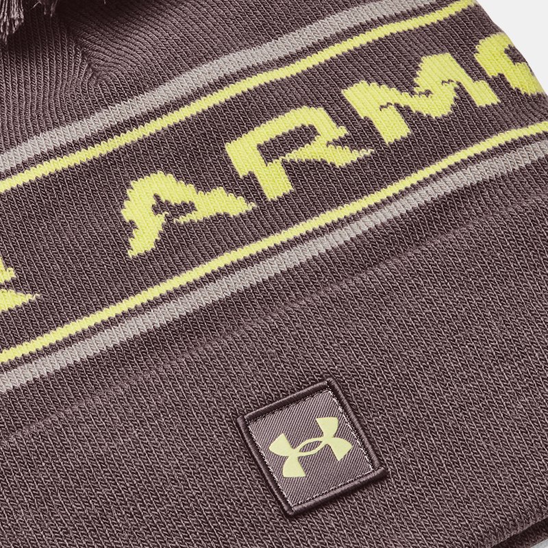 Men's Under Armour Halftime Pom Beanie Ash Taupe / Lime Yellow One Size