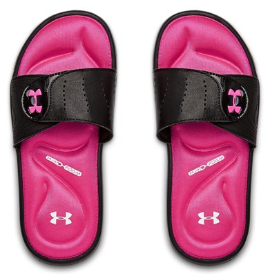 pink and black under armour slides