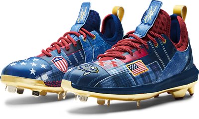 blue and red baseball cleats