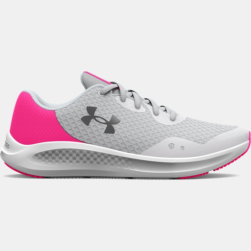 Girls' Grade School Under Armour Charged Pursuit 3 Running Shoes Halo Gray / Electro Pink / Metallic Silver 36.5