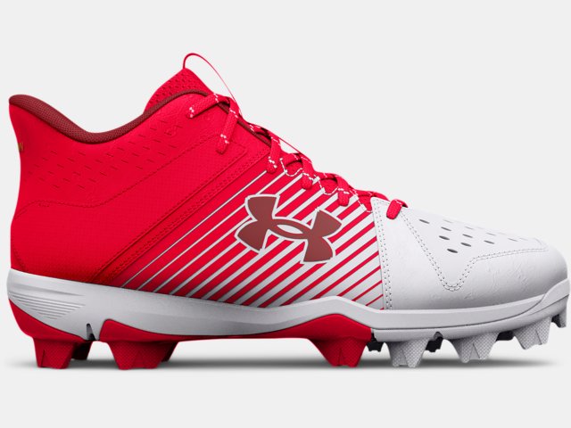 Under Armour Leadoff Mid RM Jr Youth Baseball Cleats - Red/White 3.5