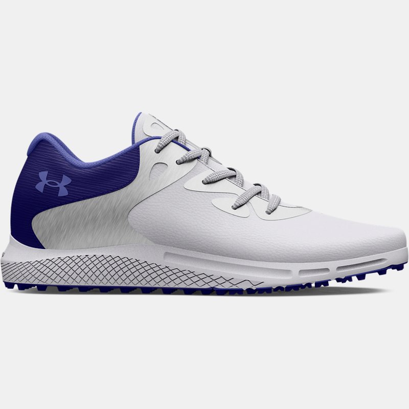 chaussure de golf sans pointes under armour charged breathe 2 pour femme blanc / metallique argent / baja bleu 35.5
