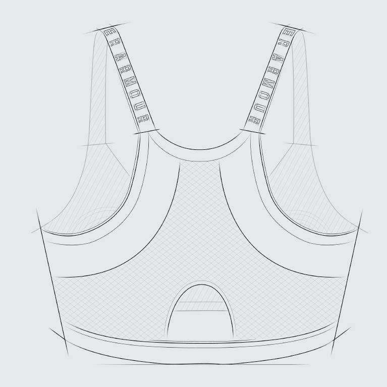 Black/white sketch of UA Infinity Low Sports Bra with skinny wordmark branded elastic straps & keyhole back design