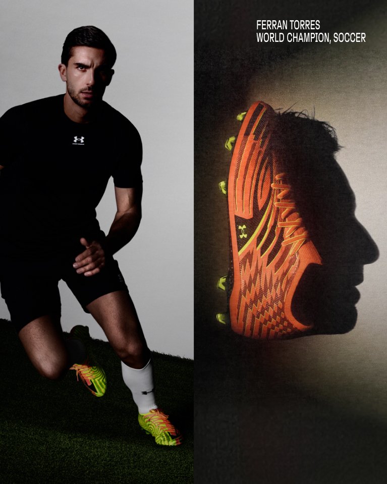 Athlete in Under Armour kit runs on turf beside a poster showing a soccer cleat and profile silhouette.