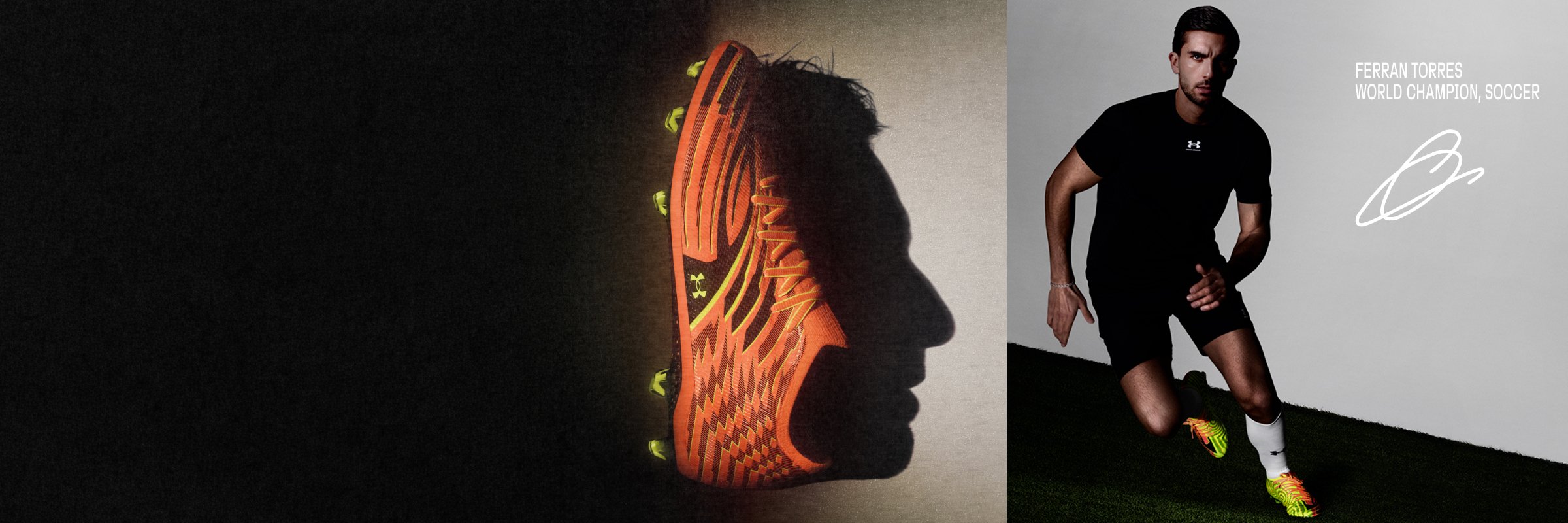 Close up of Under Armour cleat sole beside athlete running on turf in Under Armour gear.