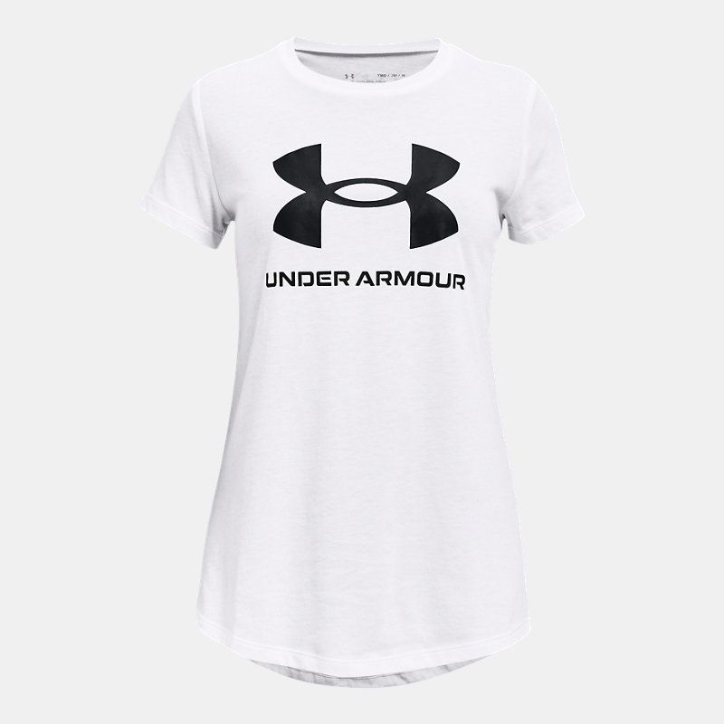 girls'  under armour  sportstyle graphic short sleeve white / black ysm (50 - 54 in)