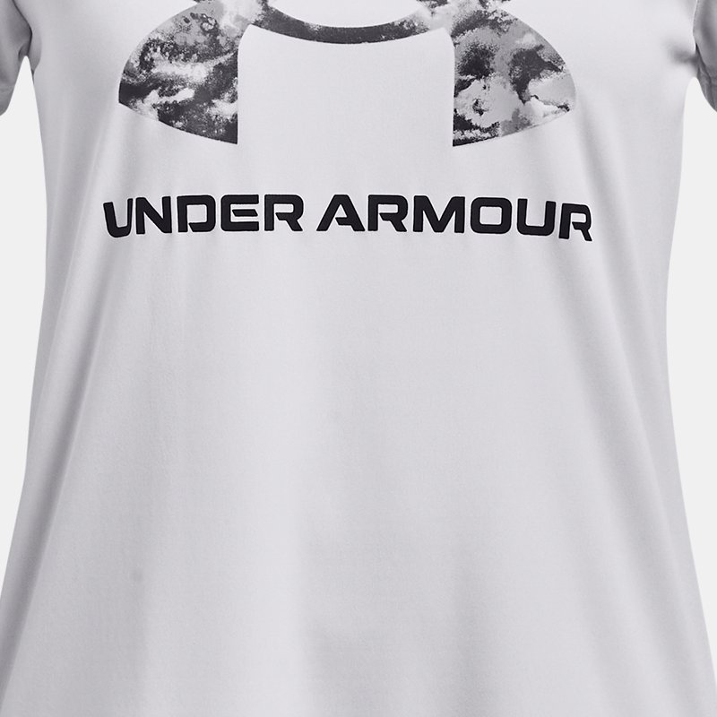 Under Armour Tech™ Print Fill Kurzarm-Oberteil mit großem Logo für Mädchen Weiß / Schwarz YSM (127 - 137