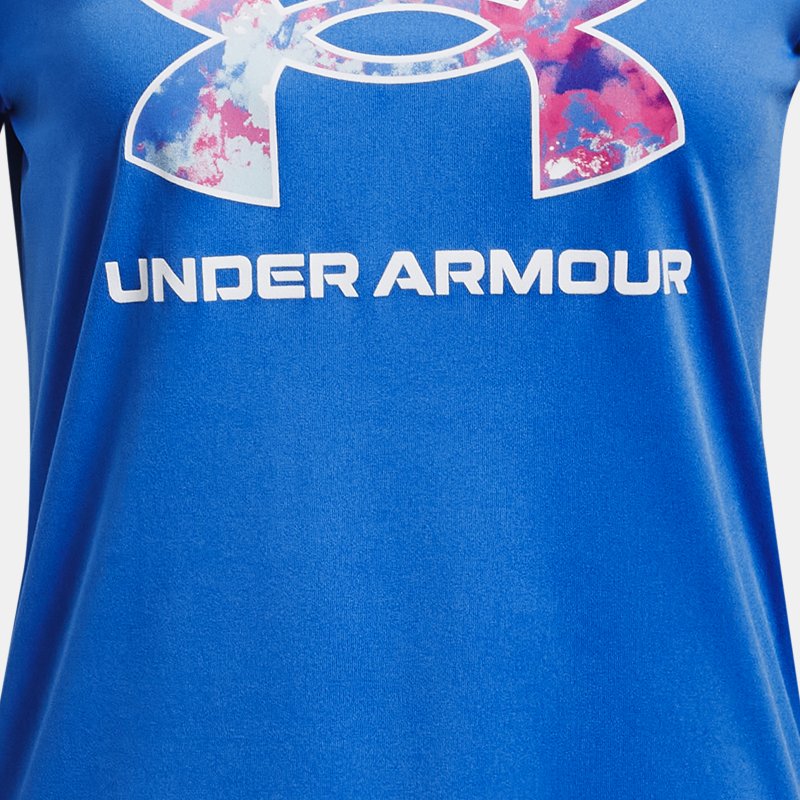 Under Armour Tech™ Print Fill Kurzarm-Oberteil mit großem Logo für Mädchen Water / Weiß YLG (149 - 160