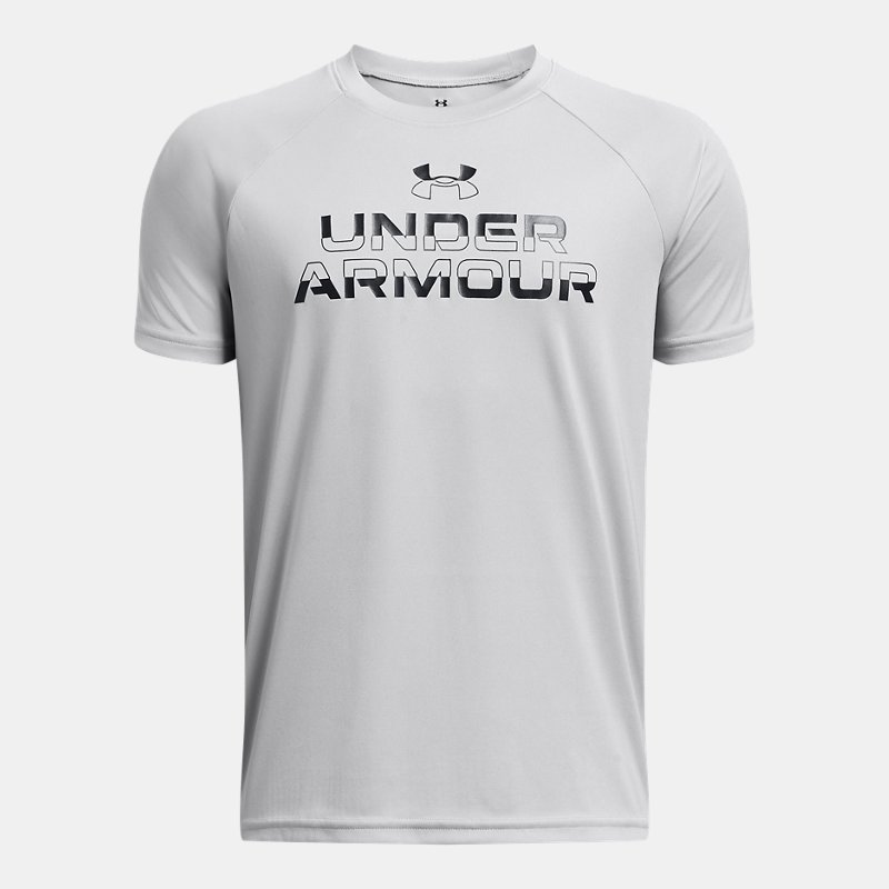 Boys' Under Armour Tech™ Split Wordmark Short Sleeve Mod Gray / Black YLG (149 - 160 cm)