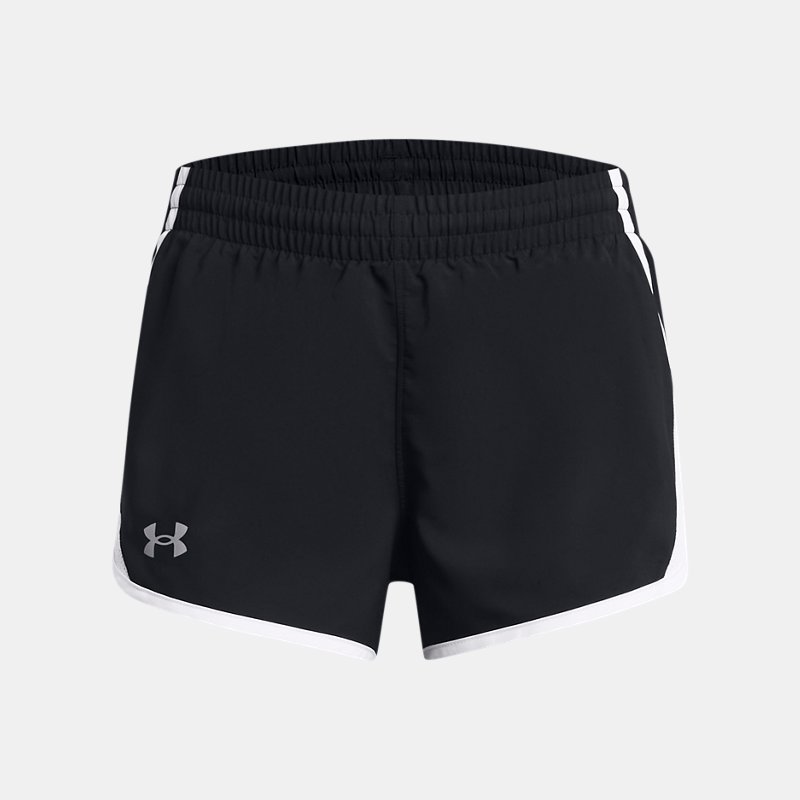 girls' under armour fly-by 3" shorts black / white / reflective ylg (149 - 160 cm)