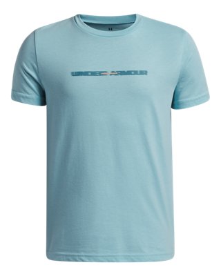 Under Armour Boys Blue Wordmark Blur ' Short Sleeve Haze / Orange Bloc Ysm (50 - 54 In)