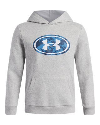 Under Armour Boys Gray Rival Fleece Key Print Fill ' Hoodie Mod Light Heather / White Ysm (50 - 54 In)