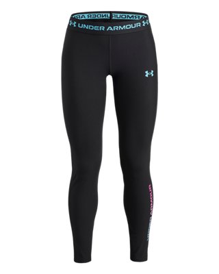 HeatGear® Branded Girls' Leggings Black / Pink Frenzy / Fresco Blue YXS (122 - 127 cm)