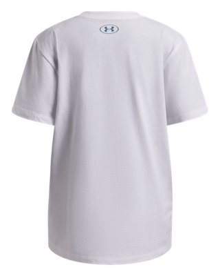 Топ Under Armour UA Doodle Illustration Oversized Short Sleeve для девочек, цвет: Белый / Синий — фото 2