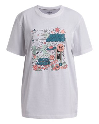 Топ Under Armour UA Doodle Illustration Oversized Short Sleeve для девочек, цвет: Белый / Синий — фото 1