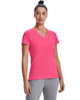 Damen Under Armour Tech™ Oberteil mit V-Ausschnitt Cerise / Metallisch Silber L