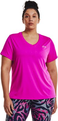 Damen Under Armour Tech™ Kurzarm-Oberteil mit V-Ausschnitt Meteor Rosa / Metallisch Silber 1X