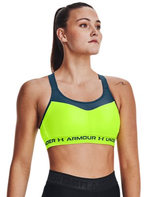 アンダーアーマー トップス レディース フィットネス CROSSBACK LONGLINE Medium support sports bra coastal teal      birdie green