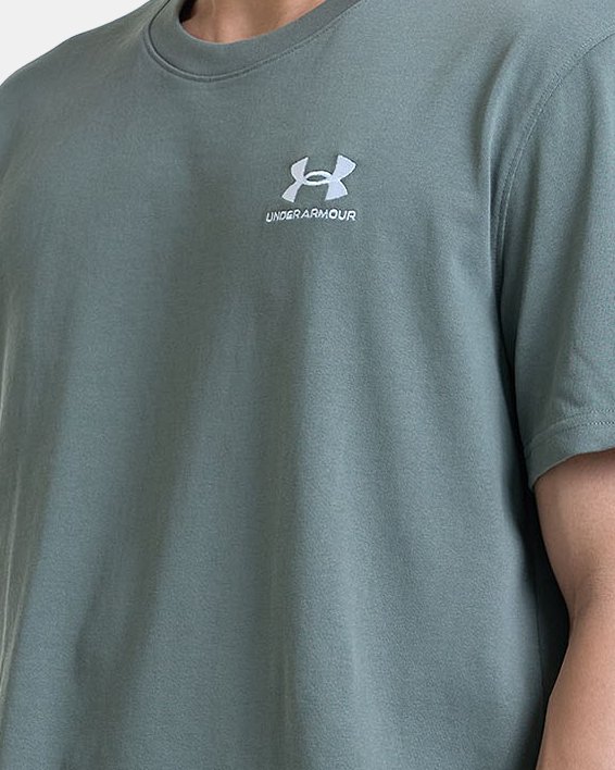 Men's UA Logo Embroidered Heavyweight Short Sleeve in Green image number 2