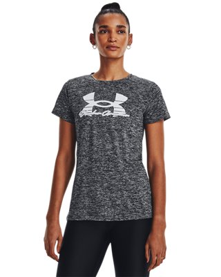 Playera manga corta UA Tech&trade; Twist Script para mujer, Black, pdpMainDesktop image number 0