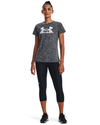 Playera manga corta UA Tech&trade; Twist Script para mujer, Black, pdpMainDesktop image number 2