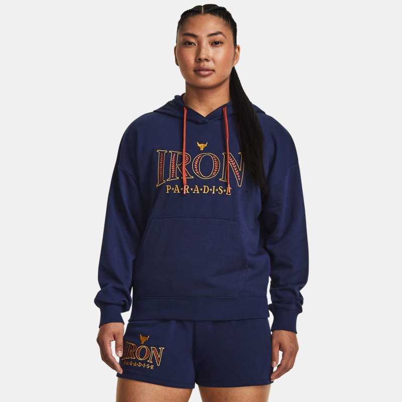 Image of Under Armour Women's Project Rock Everyday Terry Hoodie Midnight Navy / Heritage Red M