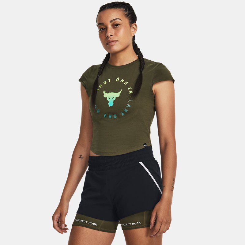 Image of Under Armour Women's Project Rock Night Shift Cap T-Shirt Marine OD Green / High Vis Yellow L