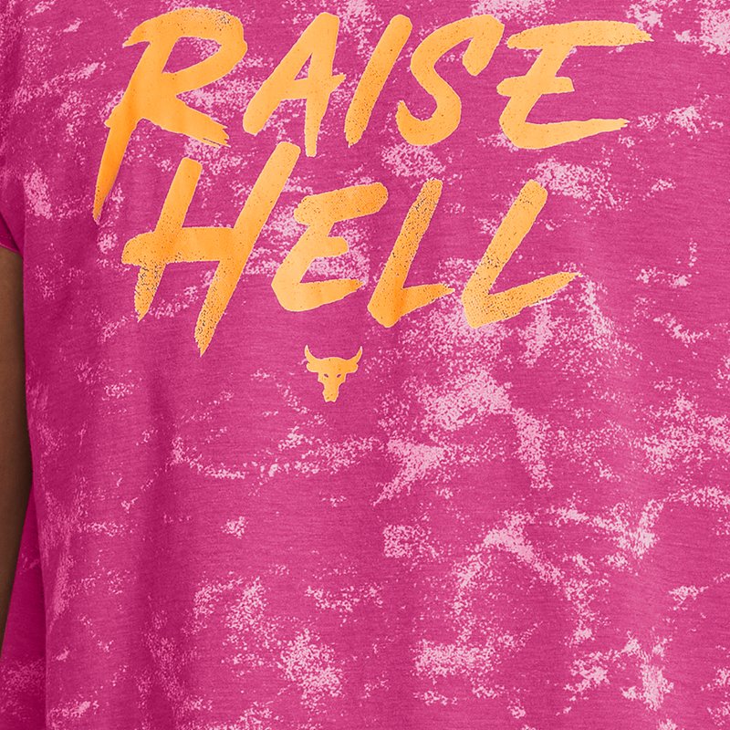 Under Armour Camiseta de manga de casquillo con capucha Project Rock Raise Hell para hombre Astro Rosa / Nova Naranja XXL