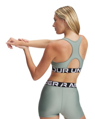 Women's HeatGear® Armour Mid Branded Sports Bra, Green, pdpZoomDesktop image number 1