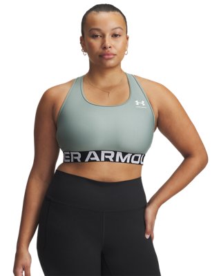 Women's HeatGear® Armour Mid Branded Sports Bra, Green, pdpZoomDesktop image number 3