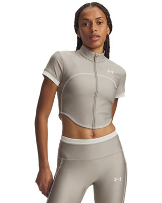 HeatGear® Women's Short Sleeve Full Zip Timberwolf Taupe / Summit White XS